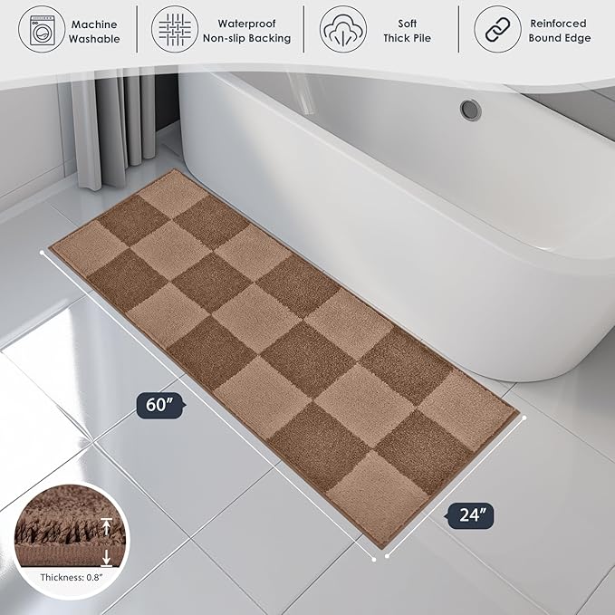 PURRUGS Bathroom Rug Non-Slip Machine Washable 24" x 60", Super Absorbent and Quick-Dry Bath Mat, Extra Soft and Plush Bath Rug for Shower, Bathtub and Sink, Grayish Brown & Coffee