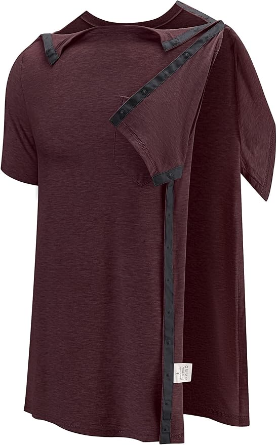 Poriff Men's Post Shoulder Surgery Recovery Shirts Full Tear Away Short Sleeve Snap Chemo Port Access Shirt