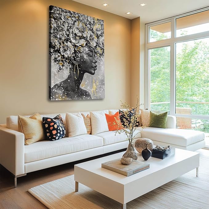 MLART99 African American Posters Black Woman Wall Art Gold and White Floral Canvas Artwork for Living Room Modern Photo Prints for Home 24x36 Inch Bedroom Pictures Wall Decor