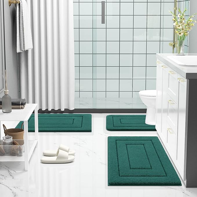 Buganda Bathroom Rugs, 24" x 16", Soft and Absorbent Microfiber Bath Rugs, Non-Slip Shaggy Shower Carpet, Machine Wash Dry Bath Mats for Bathroom Floor, Tub and Shower, Dark Green