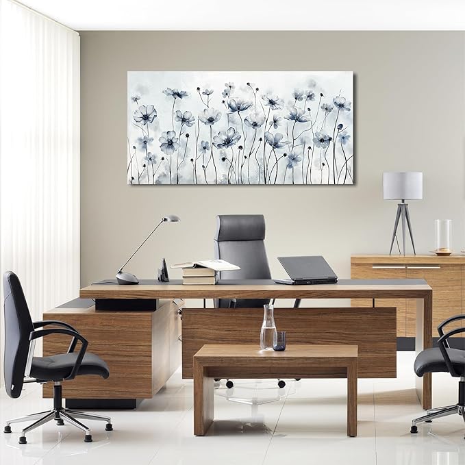 VEAEE Framed Flowers Canvas Wall Art - Indigo Floral Canvas Pictures, Living Room Wall Decor, Botanical Canvas Prints Painting Abstract Artwork Bedroom Office Home Decor 24"x 48"