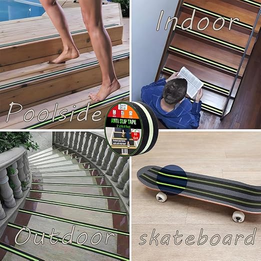 Glow in The Dark Anti Slip Tape for Stairs 2 Pack Safety Grip Strips 2in x 16.4ft Waterproof Non Skid Traction Tape for Indoor & Outdoor Steps Black with Bright Green Walk Caution Tape