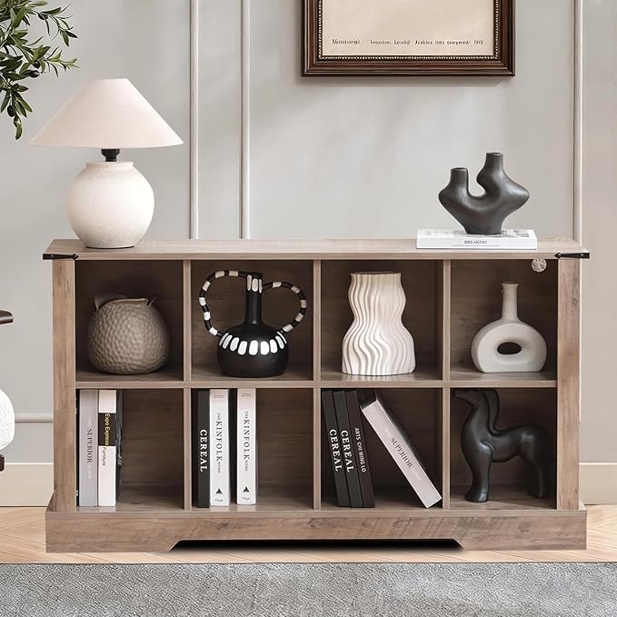 8 Cube Bookcase, Wooden Cube Storage Organizer Shelf, Grey Horizontal Book Shelf with LED Lights, Freestanding Display Cabinet for Living Room, Hallway TV Stand for Entryway