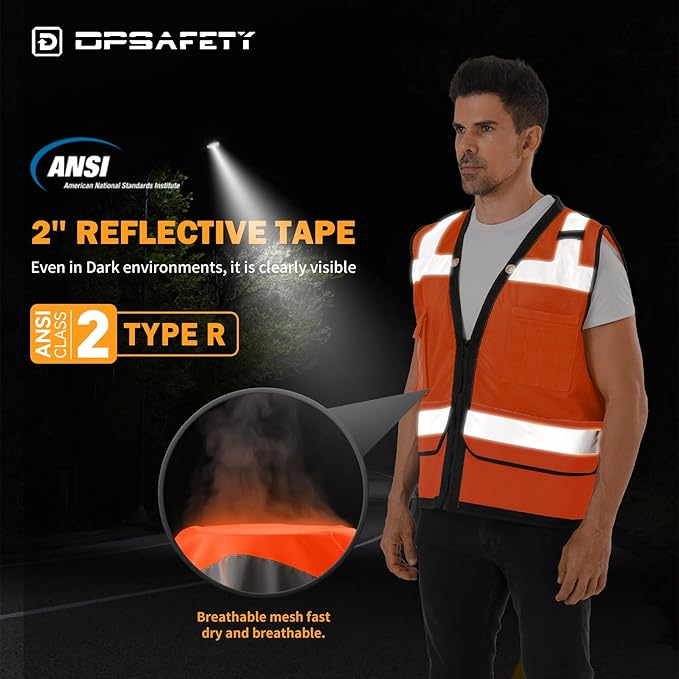 Reflective Safety vest With back plan pocket,High visibility Class 2 Heavy Duty Surveyor Vest with Zipper,Hi Vis Vest ANSI/ISEA Standard, Construction Work Vest for Men＆Women(Orange,2XL)