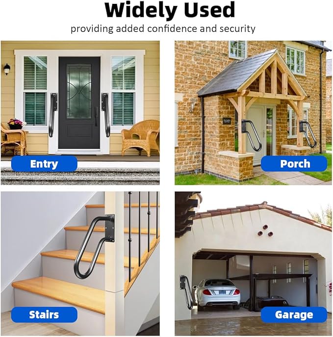 Handrails Wall Mount Stair Safety Handle Non-Slip Step Metal U-Shape Grab Yard Mounted Garage Porch Garden Hand Railings Powder Coated Heavy Duty Indoor or Outdoor Safe Bars Black for 1 to 3 Steps