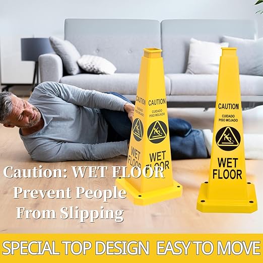 BESEA Caution Wet Floor Sign 6 Pack, 28" Heavy Duty Safety Cone with Weighted Base, Yellow 4-Sided Bilingual Warning Sign, Non-Slip Floor Safety Cone for Restaurants, Stores, Schools, Hotels