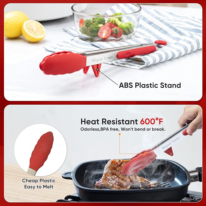 5-Pack Silicone Tongs for Cooking,Maywe Tanso 4PCS 13-Inch Kitchen Tongs with Silicone Tips,Nonstick Stainless Steel Tong for Steak Pie Pizza Pasta Spaghetti Salad BBQ Buffet,Plus Brush