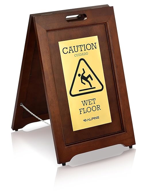 Wooden Caution Wet Floor Sign Slippery A-Frame with Bold Bilingual Safety Message, High-Grade Wood Finish, Brass-Plated for Restaurants, Offices, Hospitality & Retail Centers By Alpine Industries