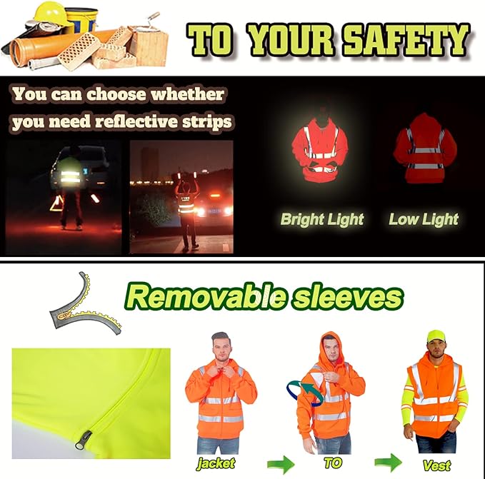 YOWESHOP High Visibility Reflective Safety Hoodie Jacket With Removable Sleeves Hi Vis Outdoor Protective Workwear Unisex