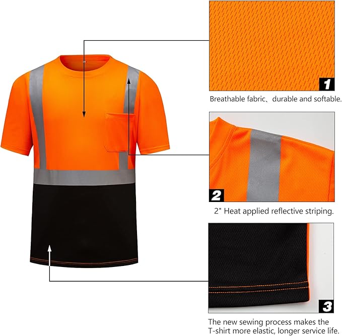 High Visibility Shirts Quick Dry Safety T Shirts with Reflective Strips and Pocket Short Sleeve Mesh Hi Vis Construction Work Class 2 Shirt for Men/Women Black Bottom Orange,4XL
