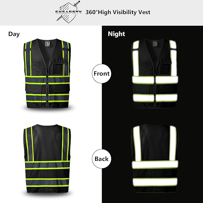 SKSAFETY 10 Pockets Safety Vest, Class 2 High Visibility Security with Zipper Back Mesh, Hi Vis Vest with Reflective Strips, ANSI/ISEA Standard, Construction Work Vest for Men ＆ Women （Black, M）