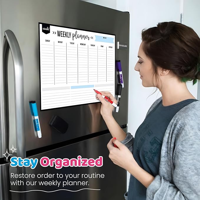 Cinch! Weekly Planner - 17x12-Inch Magnetic Weekly Calendar for Fridge and Meal Planner - Stain Resistant Dry Erase Whiteboard with 4 Fine Tip Markers and Eraser for Easy Scheduling