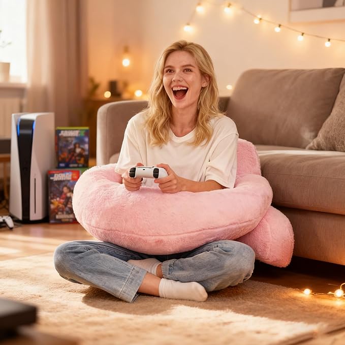 Reading Pillow for Bed,U Shaped & Back Support Pillow for Bed,19" Backrest with Lumbar & Arm Support,Luxurious Faux Rabbit Fur,Gaming PillowFor Crochet/Reading/Watching TV,Pink