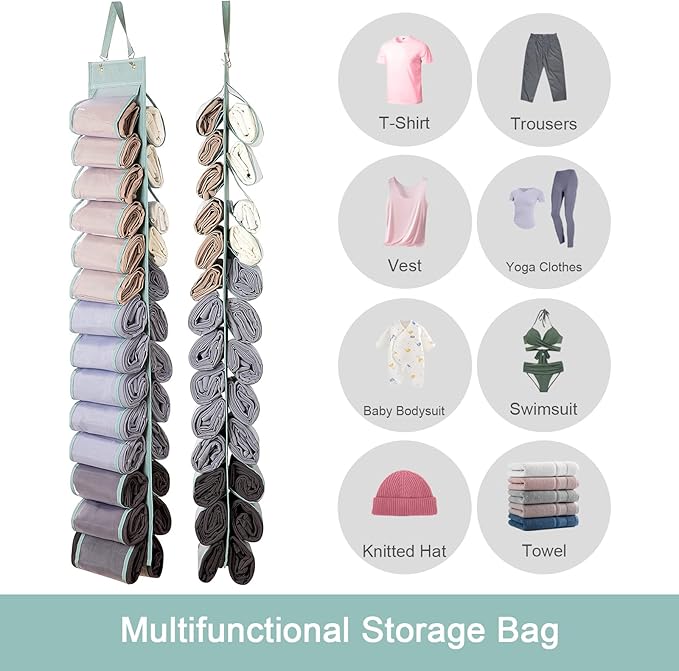 Legging Organizer Storage - 2PCS T Shirt Organizer, Hanging Closet Organizers and Storage with 26 Roll Independent Compartments for Yoga Pants, Towel, Bathing Suit (Grey)