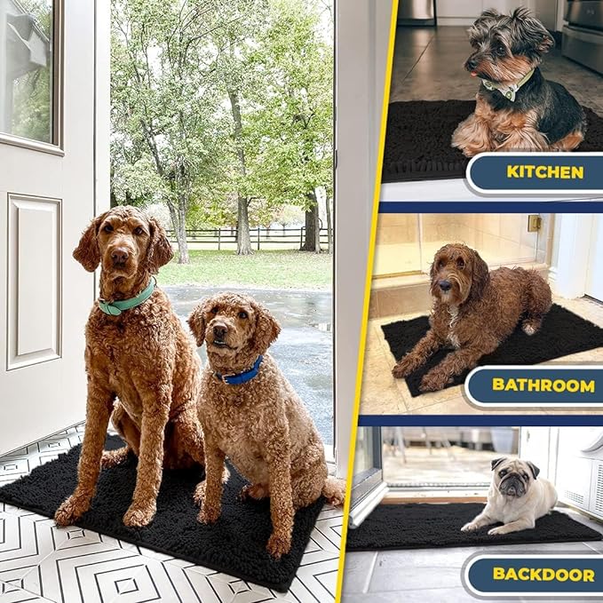 Muddy Mat® Original Dog Door Mat for Muddy Paws, Super Absorbent Microfiber, Non-Slip Washable Pet Rug, Quick Dry Chenille Entryway Carpet, Machine Washable Indoor Outdoor mat, Black 36"x120"