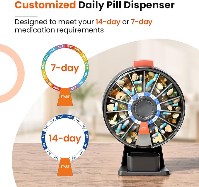 Odaro Large Pill Dispenser, Weekly Pill Organizer 7 Day Am Pm / 14 Day Pill Box, Daily Medicine Pill Organizer with Wall-Mounted or Standing Use for Vitamin, Supplement, Medicine - Gray