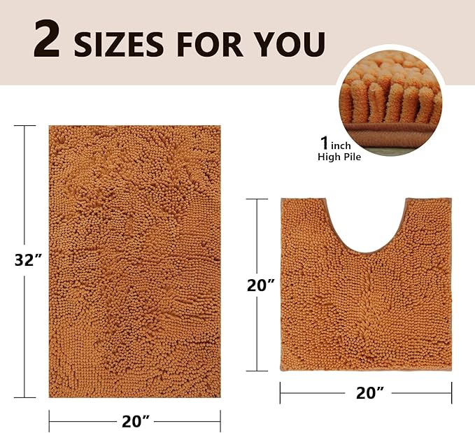 BOANKODU Bathroom Sets - 2 Soft Chenille Bath Mats, Non-Slip, 32x20 + 20x20 Inch U Shape, Machine Washable (Champagne)