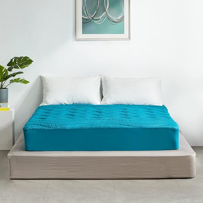 SLEEP ZONE Cooling Queen Mattress Pad, Premium Zoned Quilted Fitted Mattress Topper, Elastic Mattress Protector Cover, Machine Wash Durable, Deep Pocket 8-21 inch, Teal, Queen