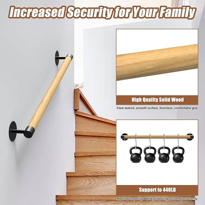 5FT Round Wooden Handrail for Indoor Staircase Handrail,Wall Mount Support Stair Railings, Non-Slip Safety Corridor,Lofts,Patio,Guardrail Wood Hand Railings for Elderly,Children,Disable People