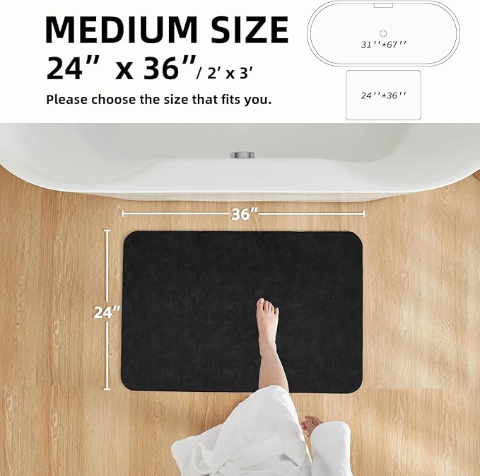 Black Bath Mat, Bathroom Rugs Non Slip Washable Thin Absorbent Quick Dry Bath Mat Fits Under Door Bathroom Floor Mat Perfect for Bath, Shower, or Sink 24"x36" Black