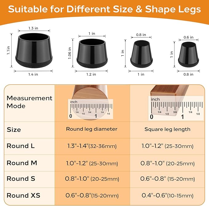 24 PCS Silicone Chair Leg Floor Protectors Medium Fit (1"-1.2") Rubber Felt Furniture Pads Chair Legs Caps/Covers for Hardwood Floors, Tile from Scratches & Reduce Noise - Round, Black
