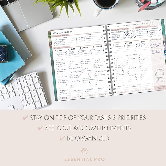 Essential PRO 2026 Daily, Weekly & Monthly Planner, 7"x9": 14 Months (Nov 2025 - Dec 2026) Monthly Tabs,Daily Tracking,Notes Pages,Storage Pocket,Bookmark w Sticky Notes (Teal Gold Marble)