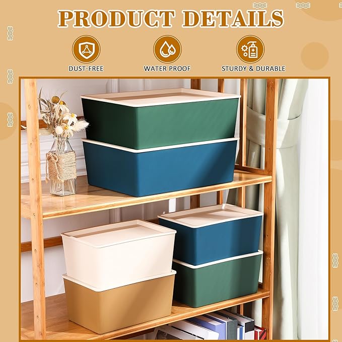 Menkxi 6 Pcs Large and Small Plastic Storage Bins with Lids 14.4 x 10.4 x 5.1 Inch Stackable Storage Containers Decorative Cubby Organizer for Clothes Shelves Garage Closet Office (Neutral color)