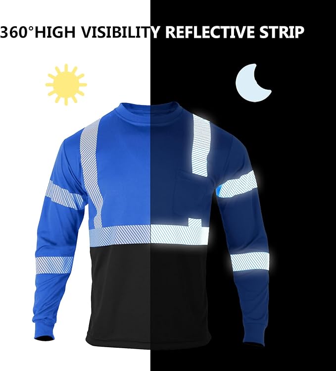 FONIRRA Safety Shirts for Men High Visibility Reflective ANSI Class 2 Hi Vis Construction Work T Shirts Long Sleeve
