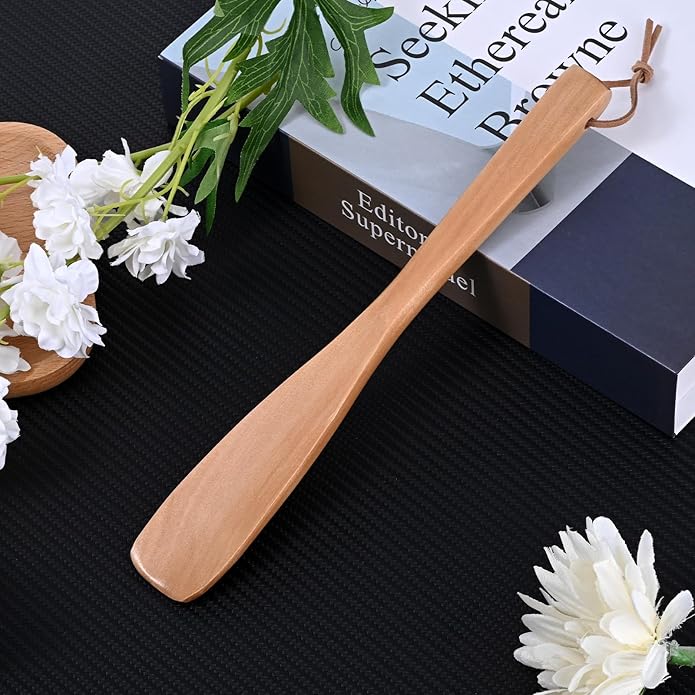 Wooden Shoe Horn,Long Handled Shoe Horn for Seniors,9.84" Retro Wood Shoehorn Long-handle for Women Kids with Leather Lanyard,Long Shoehorn Helper for Seniors & Pregnant,Wood Color