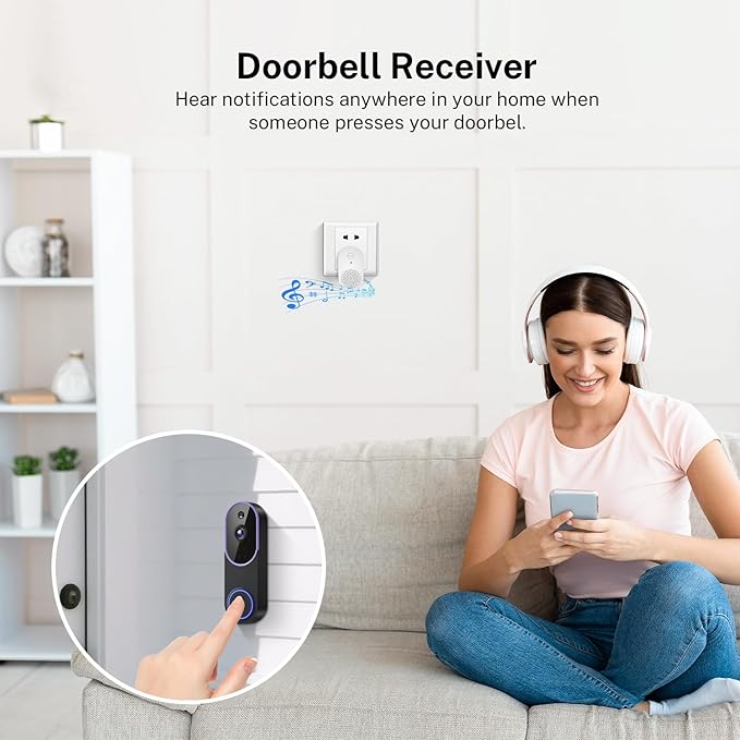 Smart 1080p Video Doorbell Camera with Doorbell Receiver, Live View, AI Human Detection, 2-Way Audio, Night Vision, Cloud Storage (Sold Separately), 2.4G WiFi