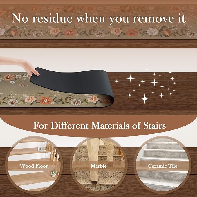 OJIA Floral Stair Treads Non-Slip Stair Runners for Wooden Steps Indoor 15PCS 30"x8" Carpet Stair Treads Mats Staircase Step Treads for Kids, Elders and Dogs, Stair Covers, Brown