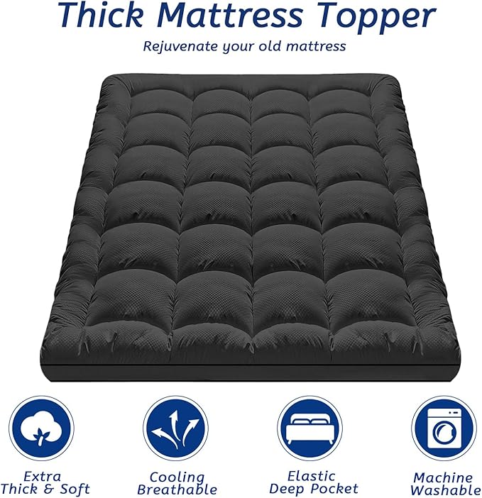 King Size Mattress Topper for Back Pain, Cooling Extra Thick Mattress Pad Cover with 8-21 inch Deep Pocket, Plush Pillow Top Mattress Topper Overfilled with Down Alternative, King Size, Black
