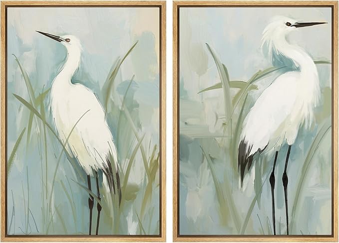 MUDECOR Framed Canvas Print Wall ArtWhite Heron Pair in Marsh Coastal Illustrations Modern Art Decorative Bohemian Colorful for Living Room, Bedroom, Office - 24"x36"x2 Natural
