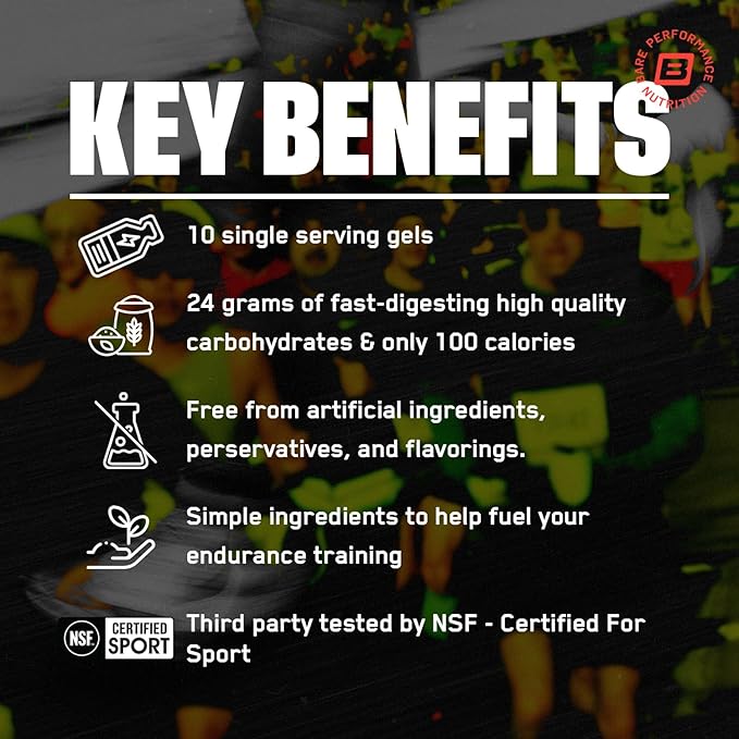 BARE PERFORMANCE NUTRITION, BPN Go Gel Endurance, 24g of Carbohydrates & 100 Calories per Pack, Vegan + Gluten Free Running Gel, 10 Single-Serving Packs, Mango