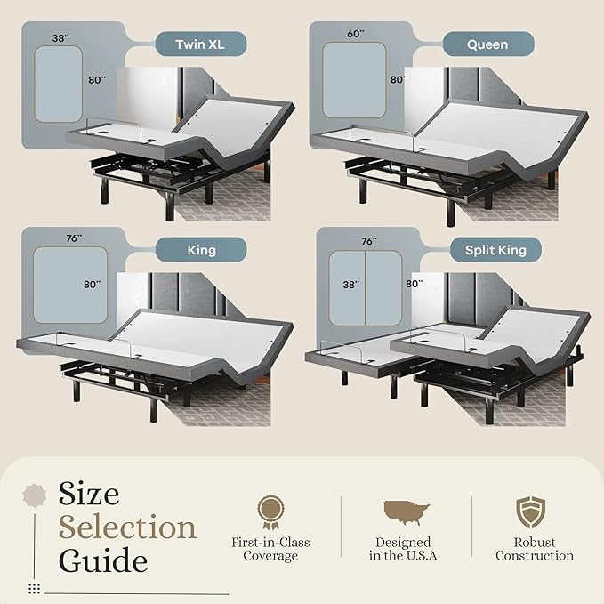 Sven & Son Classic Adjustable Bed Base, Head and Foot Lift, Massage, Under-Bed Lights, USB, Gel Memory, Zero Gravity Smart Frame - Split King