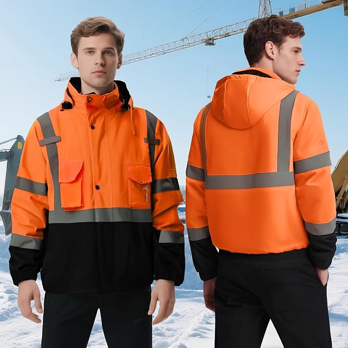 Hi Vis Safety Jackets for Men Waterproof Class 3 Reflective Construction Jacket for Winter Bomber Jacket