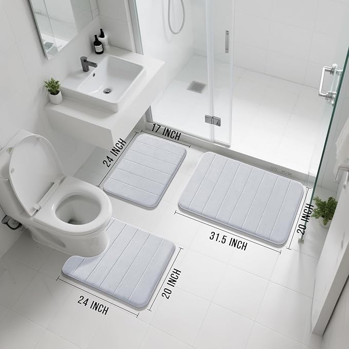 Yimobra Memory Foam Bath Mat Set 3 Pieces- Super Soft Absorbent Quick Dry Bathroom Rug Sets, Machine Washable Non Slip Floor Carpet for Tub Shower, Vanity & Toilet Base, Silver