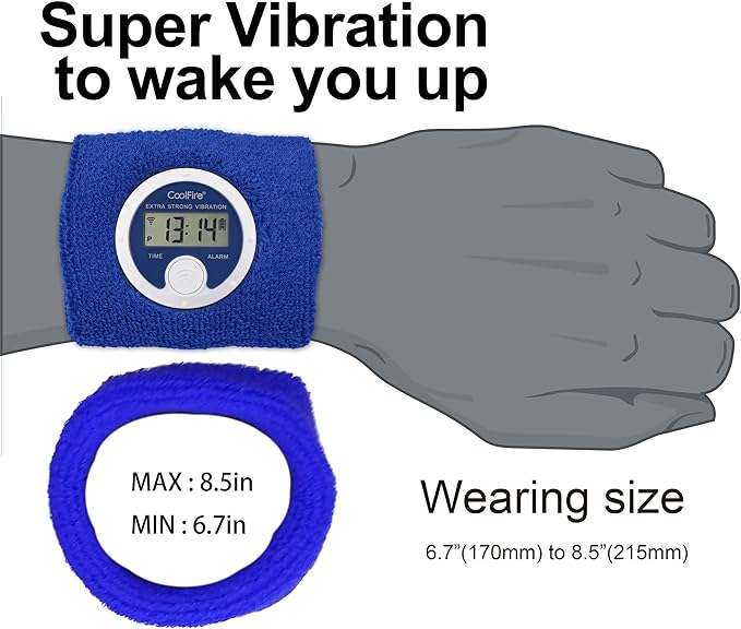 Coolfire - Vibrating Alarm Clock Sweatband, Silent Wake Yourself Up Wristband Vibrating Alarm Watch for Couples, Students, Easy to Set on User-Friendly App, Hearing Impaired, USB Chargeable (Blue)