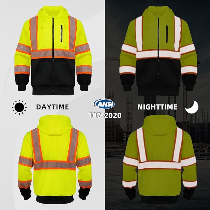 GLIMMR High Visibility Safety Hoodie Reflective ANSI Class 3 Sweatshirts for Men Hi Vis Construction Work Zipper Jackets
