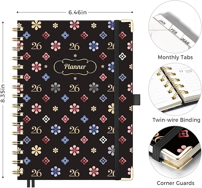 AHGXG 2026 Planner, Weekly and Monthly Planner for Women, Jan 2026 - Dec 2026, Medium Size (5.7" x 8.3"), Calendar 2026, Hardcover with Monthly Tabs, Spiral-Bound, 100 GSM Thick Paper, Black Star