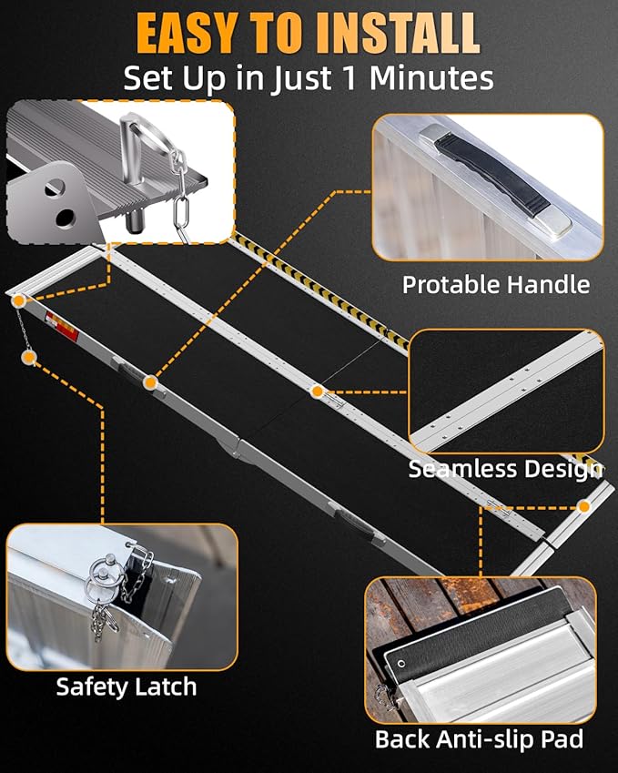 VNN Portable Wheelchair Ramp 6FT, Seamless Non-Slip Aluminum Ramps for Wheelchairs for Home, Handicap Wheelchair Ramps for Home Steps, Aluminum Loading Dock Plates, Doorways