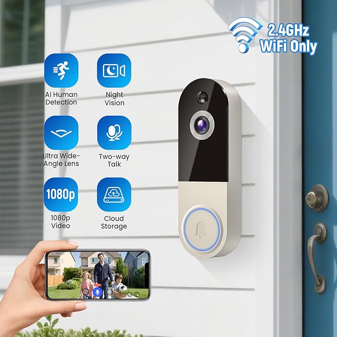 1080p Wireless Doorbell Camera with Receiver, AI Human Detection, 2-Way Audio, Night Vision, Cloud Storage (Sold Separately), Real-Time Alerts, Rechargeable Battery-Powered, 2.4Ghz Wi-Fi