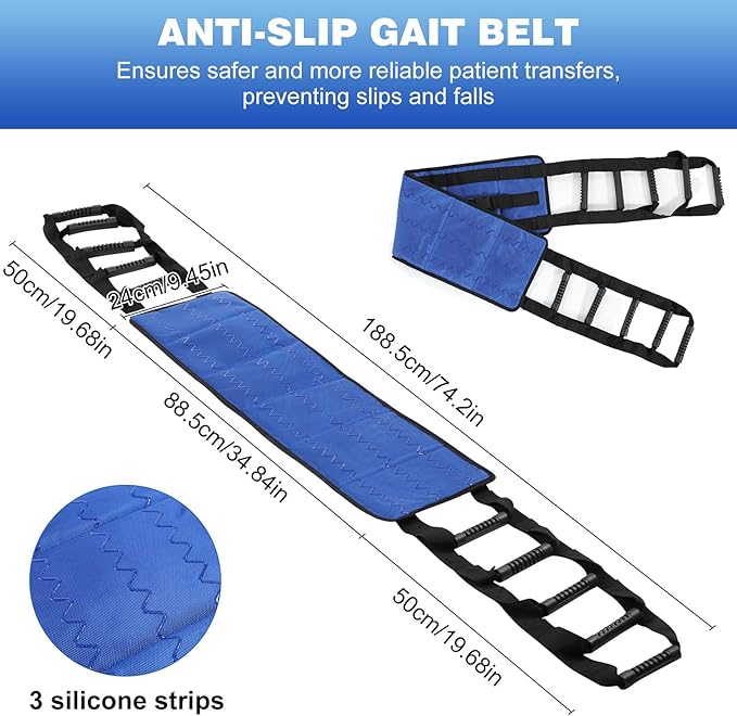 Rhino Valley Transfer Sling, Gait Belt with 10 Padded Handles, Non-Slip Nursing Transfer Belt, Safety Standing and Lifting Aid for Disabled, Elderly, Seniors, Injured, Blue+Black