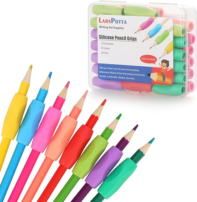 Ergonomic Pencil Grips 40 Pcs with 8 Colors, Silicone Pencil Holders for Kids Handwriting, Toddler Gel Pencil Cushion Grippers, Triangle Pen Grips for Adults Writing Aid, Classic