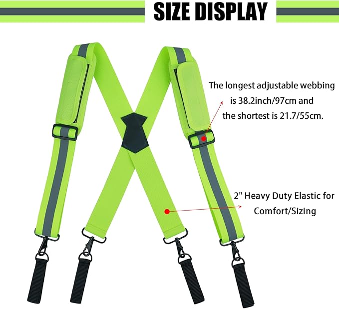 KUNN Hi-Vis Tool Belt Suspenders Heavy Duty Reflective Safety Work Suspender with Removed Padded Shoulder,4Pcs Tool Belt Loops