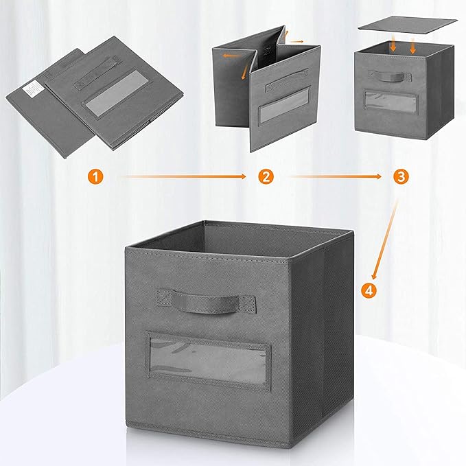 artsdi 13x13x13 storage cube bins(Set of 8) Fabric storage cubes with 8 Labels Window Cards & a Pen, storage cubes 13x13, Collapsible 13 inch cube storage bins, Cubby Organizer Boxes, Gray