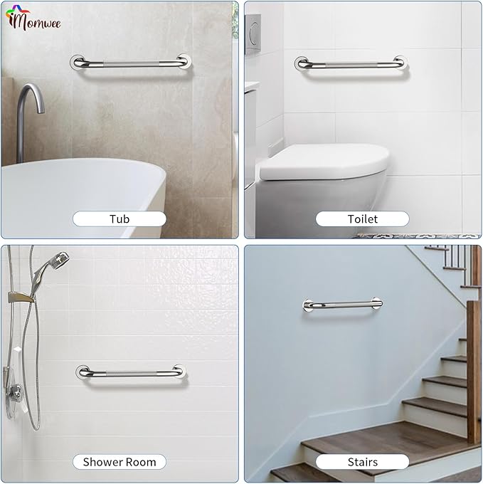 Anti-Slip Chrome Grab Bar 16 Inch, iMomwee 2 Pack Stainless Steel Bathroom Grab Bar w/Knurled Grip, Safety Shower Grab Bar for Wall, Toilet Balanced Support Bar Bathtub Assist Handle for Elderly