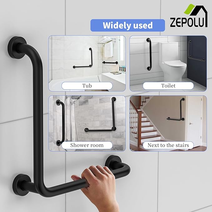 L-Shaped Shower Grab Bar 16x16 Inch, Zepolu Stainless Steel Matte Black Safety Grab Rail, Bathroom Mobility Aid Handrail, Wall Mounted Balance Support Bar Assist Handle for Senior Elderly Handicap