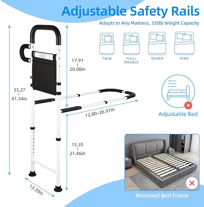 Bed Rails for Elderly Adults Safety with Motion Sensor LED Light - Adjustable Bed Assist Rails for Full Size, Portable Bed Cane for Seniors with Storage Pocket, Hold Up to 330 Lbs