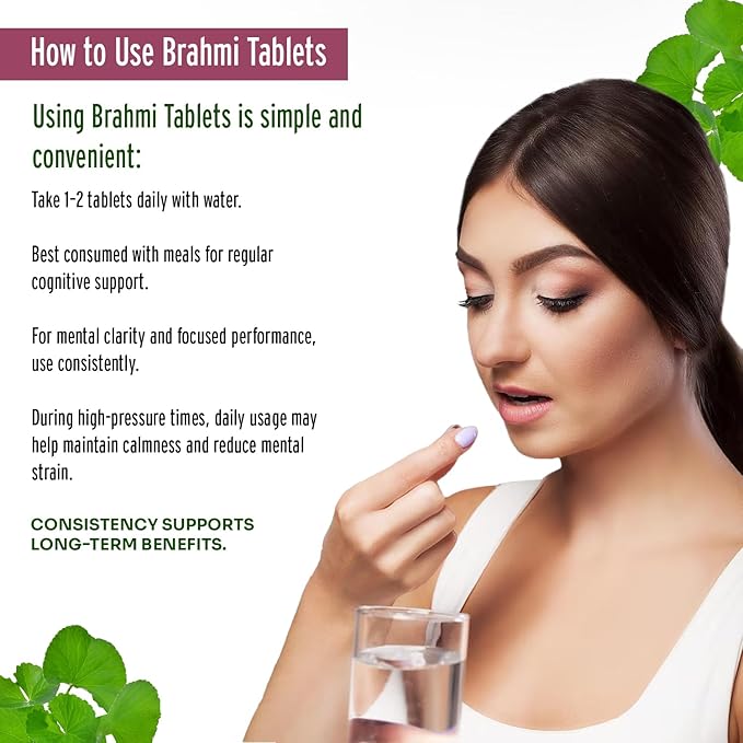 100% Organic Brahmi Tablets with Bacopa monnieri Extract, Ayurvedic Cognitive Support for Memory, Focus, and Mental Clarity, Herbal Brain Health Formula - 90 Count